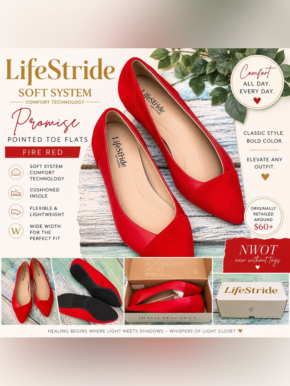 LifeStride Promise Fire Red Pointed Toe Flats | NWOT | Size 7 Wide